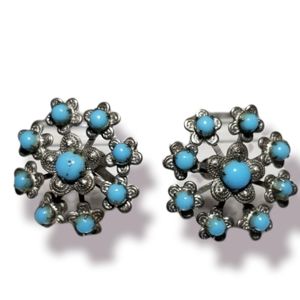 Vintage Sterling Silver & Turquoise Clip Earrings Signed